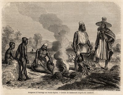 O ferreiro tem o trabalho no Fouta Djalon (Senegal), desenho de Hadamard, para ilustrar a viagem do Tenente Lambert ao Fouta Djalon em 1860. Gravura em "Le tour du monde" 1861. A coleção de Selva. de French School