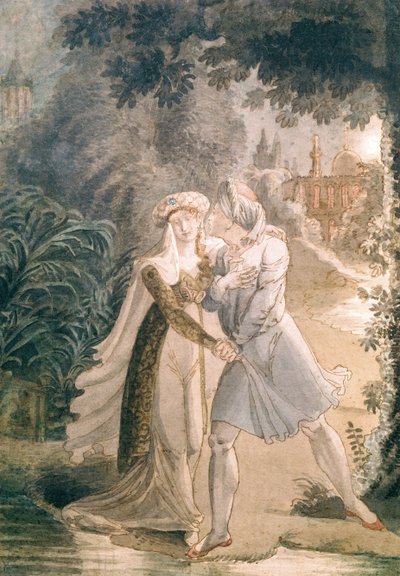 Blanca e Abon Hamet nos Jardins da Alhambra, de &39;Le Dernier des Abencerages&39; por François Rene (1768-1848) Visconde de Chateaubriand (caneta e tinta sobre papel) de French School