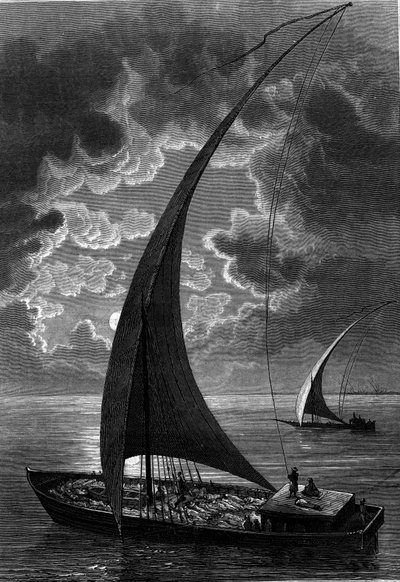 Barco (felouque) no Nilo, Egipto. Gravura em "The Journal of Youth" (O Diário da Juventude) de French School