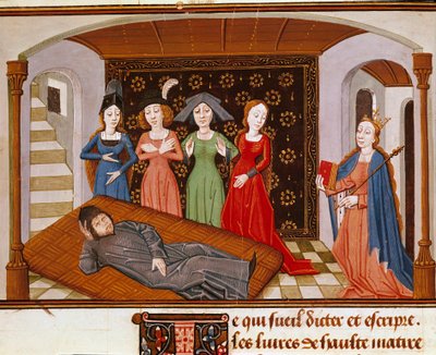 Boece (Boezio) rodeia Filosofia e Musas. Miniatura retirada de "De Consolatione Philosophiae" (Consolação da Filosofia) por Boece (ou Anicius Manlius Torquatus Severinus Boetius ou Boethius) traduzido por João de Meung (1240-1305). Rouen. Município de French School
