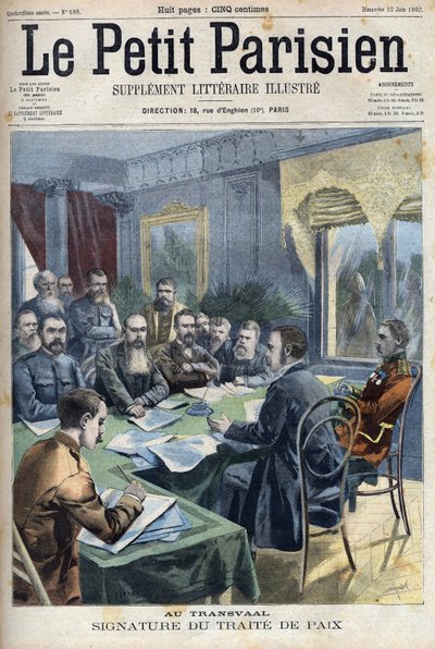 Guerra dos bôeres. A assinatura do tratado de paz Transvaal entre os chefes bôeres e o general britânico Horatio Herbert Kitchener (1850-1916) em Pretória, África do Sul. Gravação em "Le Petit Parisien". de French School