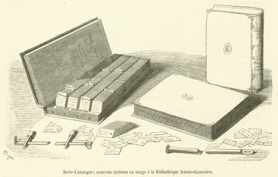 Catalogue-Box, novo sistema em uso na Bibliotheque Sainte-Genevieve (gravura) de French School