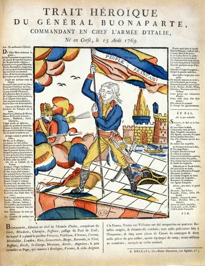 Bonaparte (1769-1821) plantando a bandeira francesa na ponte Lodi, 10 de maio de 1796 da LImagerie Populaire por PLDuchartre e R. Saulmier de French School