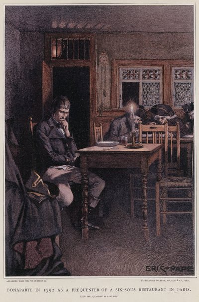 Bonaparte em 1792 como frequentador de um restaurante de seis sous em Paris de French School
