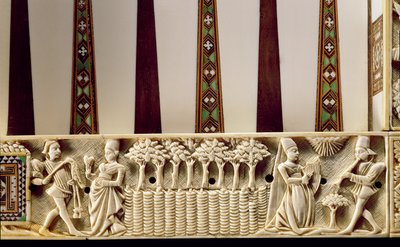 Fronteira de um tabuleiro de gamão retratando um par de amantes, 1415 de French School