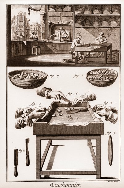 Bouchonnier, fabrico de rolhas de cortiça - "La Grande Encyclopedie, ou Dictionnaire Raisonne des Sciences, des Arts et des Metiers" (Enciclopédia ou Dicionário das Ciências, Artes e Profissões) por Denis Diderot (1713-1784) e Jean d