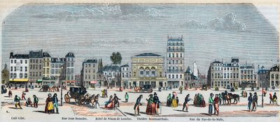Boulevard Beaumarchais lado sul - Café Gibe - Hotel de Ninon de Laclos - Teatro Beaumarchais - Rue pas de la mule - Gravura em "Tableau-de-Paris" de Edmond Texier 1852 de French School