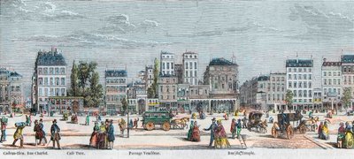 Boulevard du Temple cote sud - Rue Charlot - Cafe Turk - Passage Vendome - Rue du Temple - Gravura em "Tableau-de-Paris" de Edmond Texier 1852 de French School