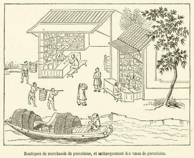 Lojas de comerciantes de porcelana e envio de vasos de porcelana (gravura) de French School