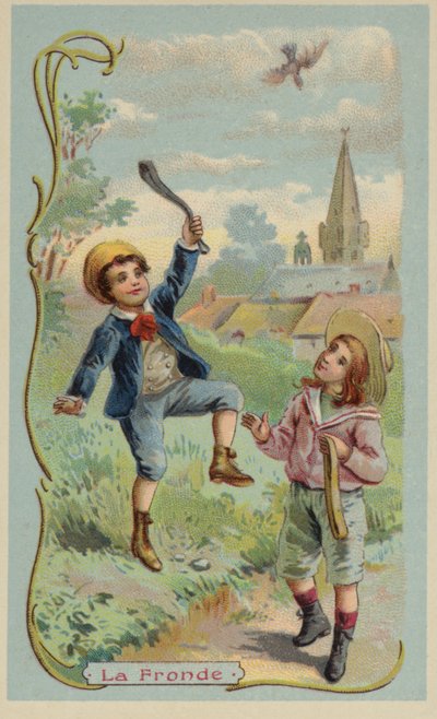 Menino matando um pássaro com uma tipóia de French School
