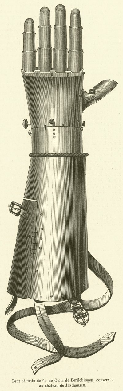 Braço e mão de ferro de Goetz de Berlichingen, preservado no castelo de Jaxthausen (gravura) de French School