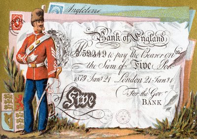 Soldado do exército britânico, guardando um banco da Inglaterra nota de cinco libras, 1886-95 de French School
