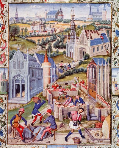 Canteiros de obras em Saint Denis (Cidade) para a construção de 12 igrejas em honra dos 12 apotres. Miniatura extraída da "Vida do Três Nobre Conde Gerard de Roussillon" de French School