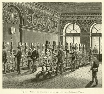 Escritório pneumático na Place de la Bourse, Paris (gravura) de French School