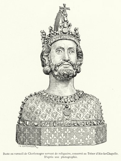 Busto dourado de Carlos Magno como um relicário, guardado no Aachen Tresor (gravura) de French School