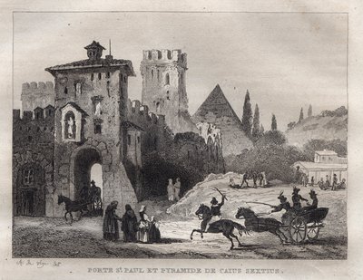 Caius Cestus Pirâmide e Porta de São Paulo em Roma Porte São Paulo e Pirâmide de Caius Sextus a Rome - Gravura da "Pitoresca Itália" - Pintura Histórica e Descritiva da Itália" por M. de Norvins, Ch. Nodier 1834-1836. de French School