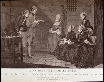 O caso Calas: A infeliz família de Jean Calas (falecido em 1762): a mãe, as duas filhas, com Jeanne Viguiere, a sua boa criada, o filho e o seu amigo, v.1762. de French School