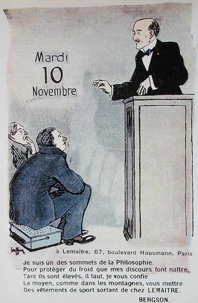 Calendário para publicidade de roupas esportivas de 1914 com uma caricatura do filósofo francês Henri Bergson (1859-1941) de French School
