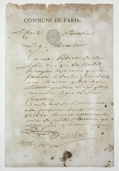 Chamada de Maximilien de Robespierre (1758-94) para se juntar à Comuna, 9 Thermidor An 2 (27 de julho de 1794) (caneta e tinta no papel) de French School