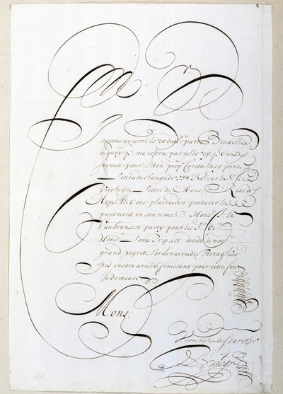 Caligrafia: Carta de contas caligrafada por volta de 1678 por François de Bruyn. Biblioteca Histórica da Cidade de Paris de French School