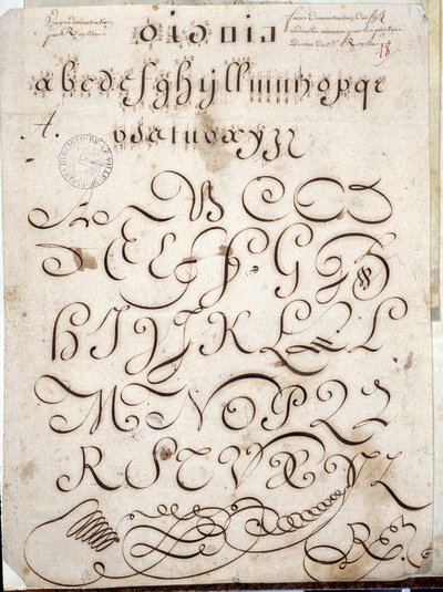 Caligrafia: Peça de manuscrito redonda sobre velino adornado com arabescos por volta de 1813 por Sebastien Royllet.Biblioteca Histórica da Cidade de Paris de French School