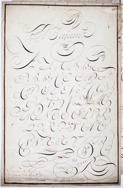 Caligrafia: Placa de letras maiúsculas, chamada de "grandes batardes", caligrafada em 5 de abril de French School