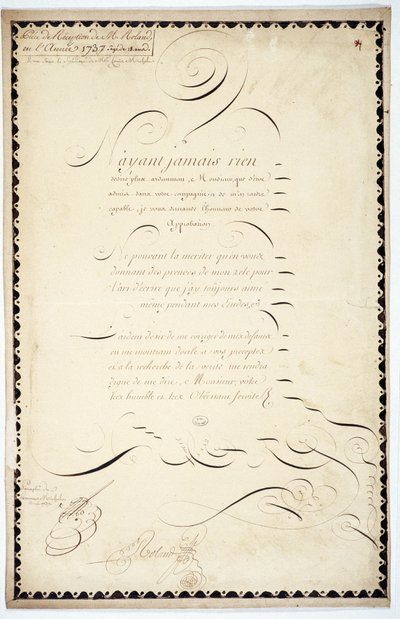 Caligrafia: Peça de recepção datada de 1737 por Andre Francois Roland. de French School