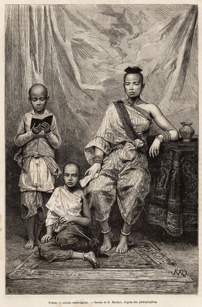 Mulher e crianças cambojanas, gravada após um desenho de D.Maillart, ilustrando a viagem a Cochinchine, do Dr. Morice, em 1872, publicada em "Le tour du monde" 1875, editada por Edouard Charton, edição Hachette, Paris. Coleção Selva. de French School