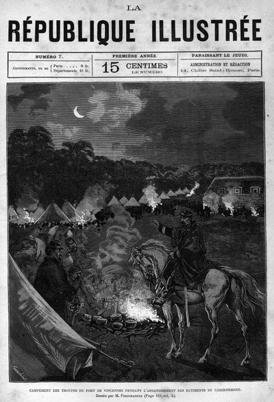 Acampamento das tropas do Forte de Vincennes durante a limpeza dos edifícios de aquartelamento. Um jornal. Gravura de 1880 em "La republique illustree" coleção privada. de French School