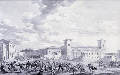 Campanha de Itália: vista da revolta da cidade de Paris contra a ocupação francesa em maio de 1796. Desenho anónimo. Paris, Museu do Louvre de French School