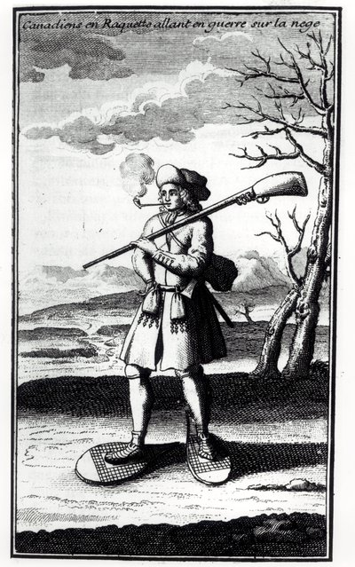 Canadense com raquetes de neve indo para a guerra na neve, de Histoire de lAmerique septentrionale por Bacqueville de La Potherie (1663-1736) publicado em 1753 de French School