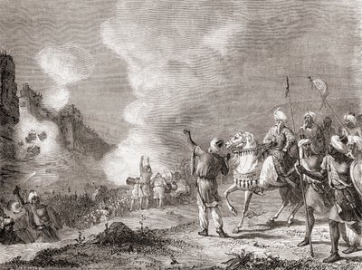 Canhão utilizado como máquina de cerco pelo sultão Abu Yaqub Yusuf no cerco de Sijilmasa, Marrocos, em 1274, de Les Merveilles de la Science, publicado em 1870 (gravura) de French School
