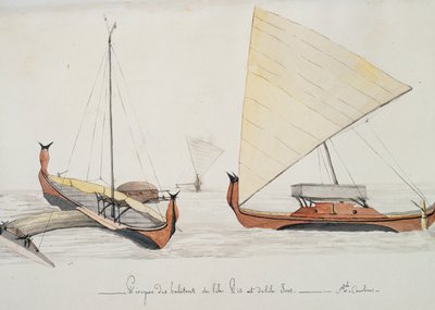 Canoas de habitantes das Ilhas Pis e Iros (Ilhas Carolina), pintura de aguarela de Jules-Louis Lejeune, de Duperrey