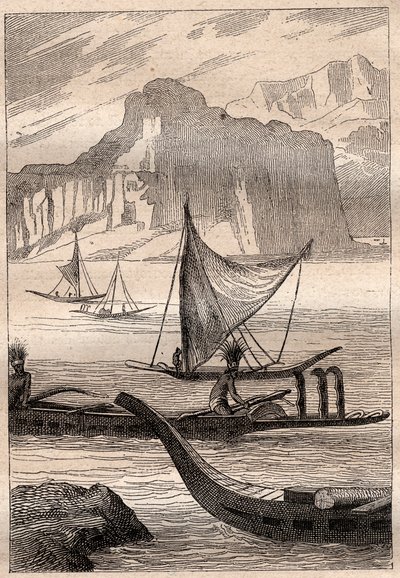 Canoas das Ilhas Marquesas - ilustração retirada de "Os Grandes Marinheiros do Século XVIII". de French School