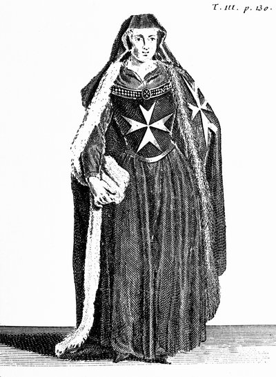 Canoness da Ordem de São João de Jerusalém durante o período de Rodes, ilustração de &39;Histoire et Costumes des Ordres Monastiques&39; por Pierre Helyot (1660-1716) de French School