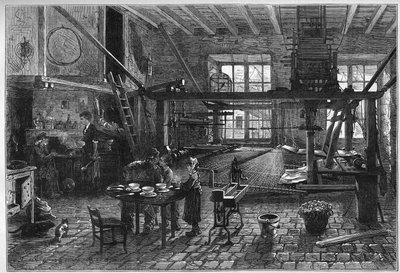 Oficina de corte de cabelo. Interior de uma oficina de tecelagem de seda em Lyon durante uma crise no final do século XIX. Gravura em "Le Monde Illustré" n°1039 de 10 de Março de 1877. de French School