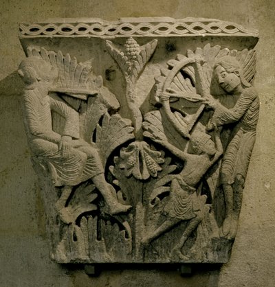 Capital representando um homem atirando uma flecha no pescoço de outra, c.1125-30 (calcário) de French School
