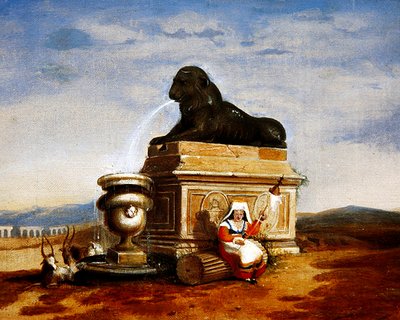 Capriccio de restos mortais romanos com uma camponesa italiana a rodar, c.1825 (óleo a bordo) de French School