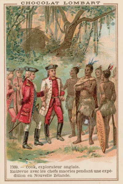 Capitão James Cook se reunindo com chefes maori na Nova Zelândia, 1769 de French School