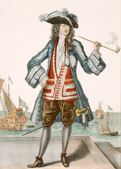 Capitão Jean Bart, de Dunkerque 88: O Capitão Jean Baert de Dunquerque, o capitão da frota, está fumando um longo cachimbo nas docas; Jean Bart (1651-1702), marinheiro flamengo w de French School