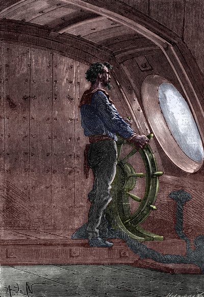 Capitão Nemo ao leme do Nautilus, de "Twenty Thousand Lieues Sous Les Mers" de Júlio Verne de French School