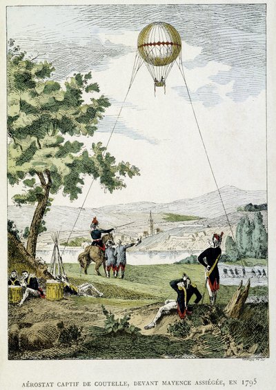 Aerostato cativo de Jean Marie Joseph (Jean-Marie-Joseph) Coutelle (1748-1835), antes de Mainz assiegee de French School