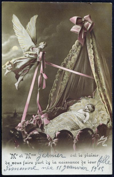 Cartão anunciando o nascimento de um bebê, 11 de janeiro de 1915 (foto colorida) de French School