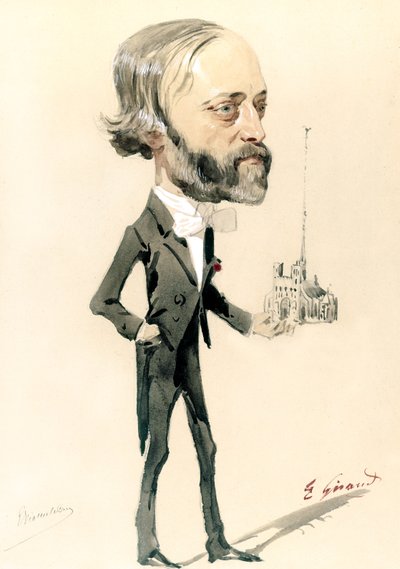 Caricatura do arquiteto Eugène Emmanuel Viollet-le-Duc (lito a cores) de French School