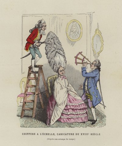 Caricatura em penteados femininos franceses do século XVIII de French School