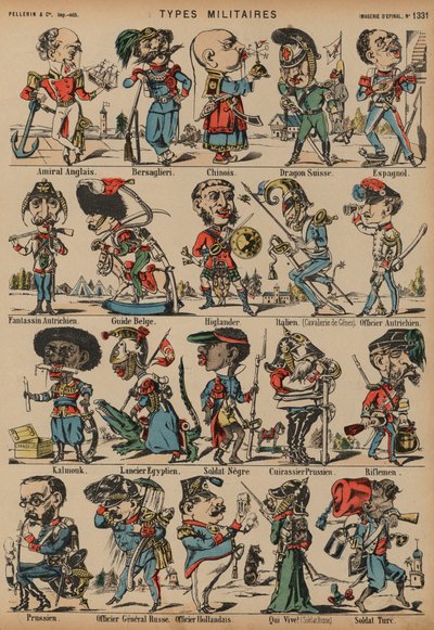 Caricaturas de figuras militares (gravura a cores) de French School