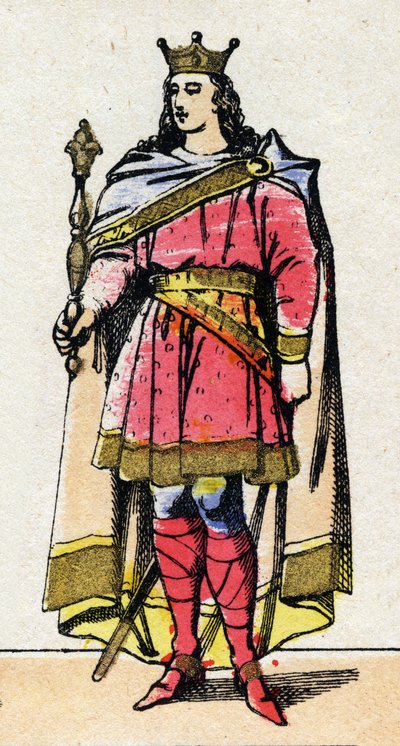 Dinastia Carolíngia: Retrato de Louis V dit le Faineant (967-987), rei dos Francos de 986 a 987. Imagem epinal do final do século XIX. Coleção particular. de French School