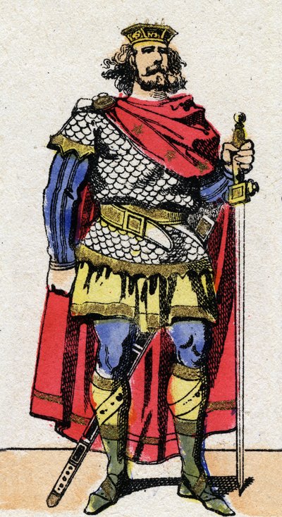 Dinastia Carolíngia: Retrato de Pepin the Brief (715-768) Rei dos Francos de 751 a 768. Imagem epinal do final do século XIX. Coleção particular. de French School