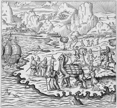 Transporte de mercadorias por camelo para carregamento de navios saindo do balcão grego em Alexandria para a Europa. Gravação em "La Marine et les colonies: commerce" (A Marinha e as colónias: comércio) de French School