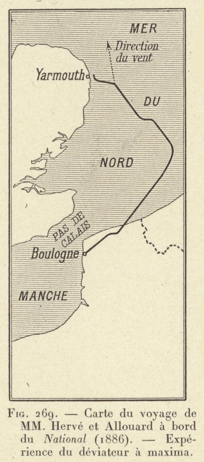 Mapa da viagem de MM Herve e Allouard a bordo do Nacional (1886), Experiência do navegador no maxima (gravura) de French School